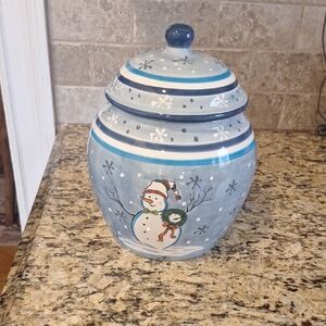 Charming Snowman Cookie Jar - Blue and White